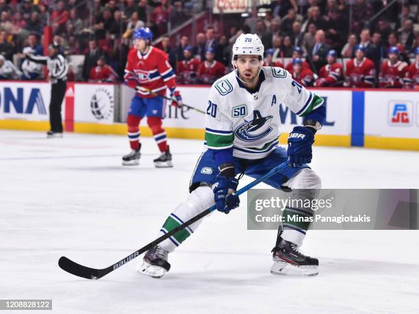 Brandon Sutter of the Vancouver Canucks skates against the Montreal Canadiens during the second period at the Bell Centre on February 25, 2020 in...