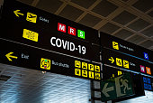 Information panel with Covid-19 word on it at an international airport.