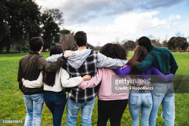 六個青少年朋友一起擁抱在公園，後視圖 - 臂挽著臂 個照片及圖片檔