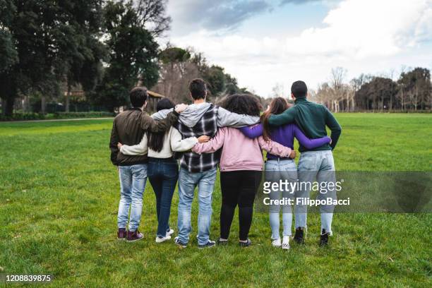 group of six teenager friends embracing together at the park, rear view - arm in arm stock pictures, royalty-free photos & images