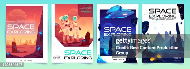 space exploring banners set with alien landscape - galaxy illustration stock illustrations