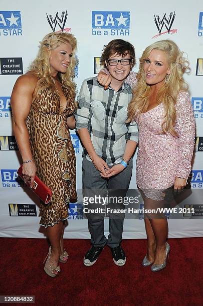 Diva Beth Phoenix, actor Angus T. Jones and WWE Diva Natalya attends WWE's and Creative Coalition's "be A STAR" Summer Event hosted by Kellan Lutz at...