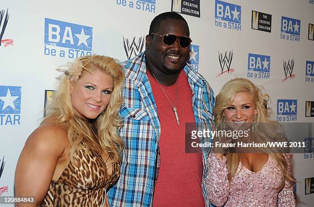 Diva Beth Phoenix, actor Quinton Aaron and WWE Diva Natalya attends WWE's and Creative Coalition's "be A STAR" Summer Event hosted by Kellan Lutz at...