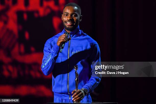 Rapper Dave accepts the Mastercard Album of The Year Award during The BRIT Awards 2020 at The O2 Arena on February 18, 2020 in London, England.
