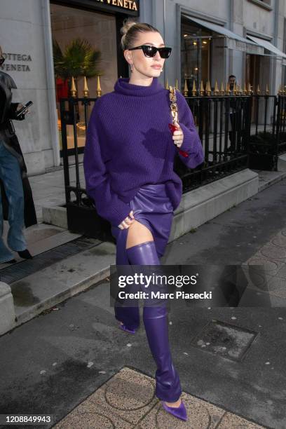 Hailey Baldwin Bieber is seen leaving the Bottega Veneta store on Avenue Montaigne on February 26, 2020 in Paris, France.