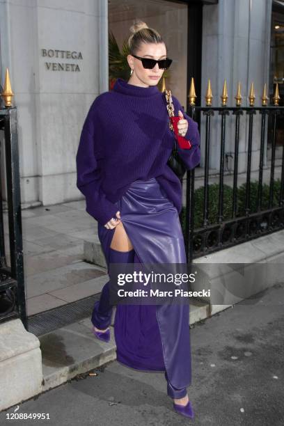 Hailey Baldwin Bieber is seen leaving the Bottega Veneta store on Avenue Montaigne on February 26, 2020 in Paris, France.