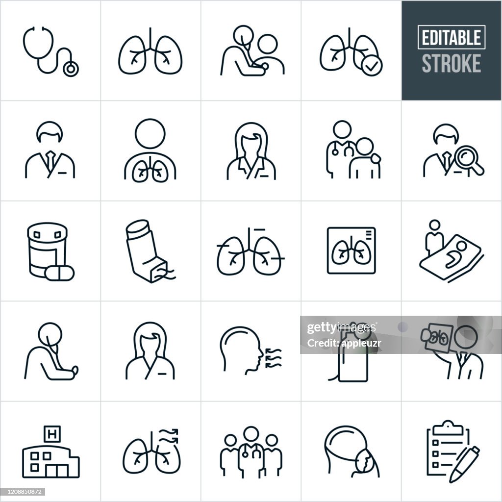 Iconos de línea delgada de terapia respiratoria - Trazo editable