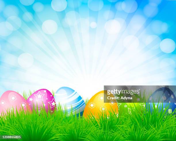 ilustraciones, imágenes clip art, dibujos animados e iconos de stock de huevos de pascua decorados - easter egg hunt
