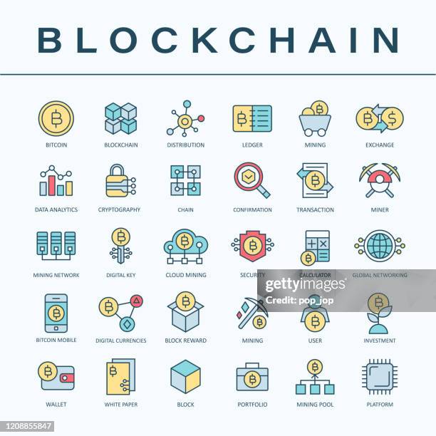 blockchain cryptocurrency bitcoin icon set color - thin line - blockchain ledger stock illustrations