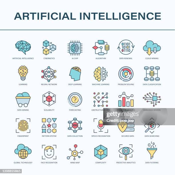 artificial intelligence line color icons - vector - cloud transformation stock illustrations