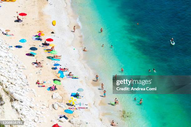 overhead view of people at beach. italy - marche italia - fotografias e filmes do acervo