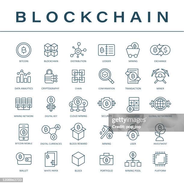 ilustraciones, imágenes clip art, dibujos animados e iconos de stock de blockchain cryptocurrency bitcoin icon set - thin line - cadena de bloques