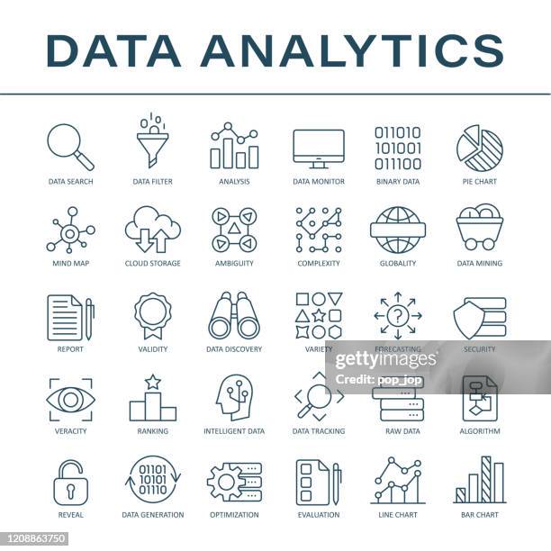 data analytics line icons - vector - multiple sources of data stock illustrations