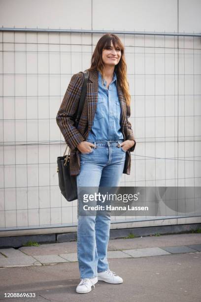 Caroline de Maigret wearing plaid blazer, denim shirt and jeans outside the Dries van Noten show during the Paris Fashion Week Womenswear Fall/Winter...