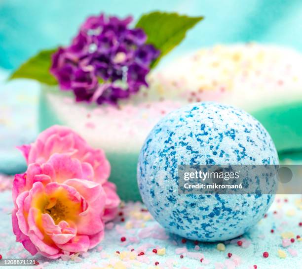 spa composition with bath bombs, bath spa accessories - bath bomb stock pictures, royalty-free photos & images