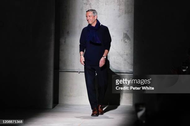 Dries van Noten walks the runway during the Dries Van Noten show as part of the Paris Fashion Week Womenswear Fall/Winter 2020/2021 on February 26,...