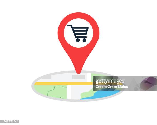 ilustraciones, imágenes clip art, dibujos animados e iconos de stock de símbolo del carro de la compra con la ubicación de la navegación mapa del icono de la ilustración vectorial - mapa localizador