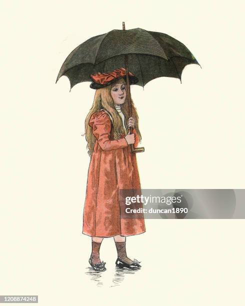 young girl in red dress holding umbrella, victorian, 19th century - early childhood stock illustrations