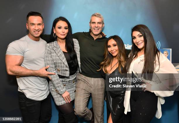 Radio/TV personality Andy Cohen with cast members of reality television series "Jersey Shore" Mike "The Situation" Sorrentino, Jenni "JWoww" Farley,...