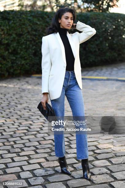 Imaan Hammam attends the Lanvin show as part of the Paris Fashion Week Womenswear Fall/Winter 2020/2021 on February 26, 2020 in Paris, France.