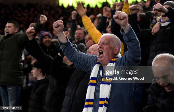 Leeds United fans celebrate following their team's victory in the Sky Bet Championship match between Middlesbrough and Leeds United at Riverside...