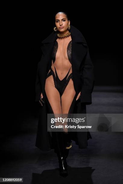 Swedish singer Snoh Aalegra walks the runway during the Mugler show as part of Paris Fashion Week Womenswear Fall/Winter 2020/2021 on February 26,...