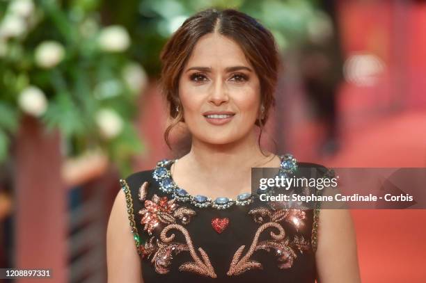 Salma Hayek poses at the "The Roads Not Taken" premiere during the 70th Berlinale International Film Festival Berlin at Berlinale Palace on February...