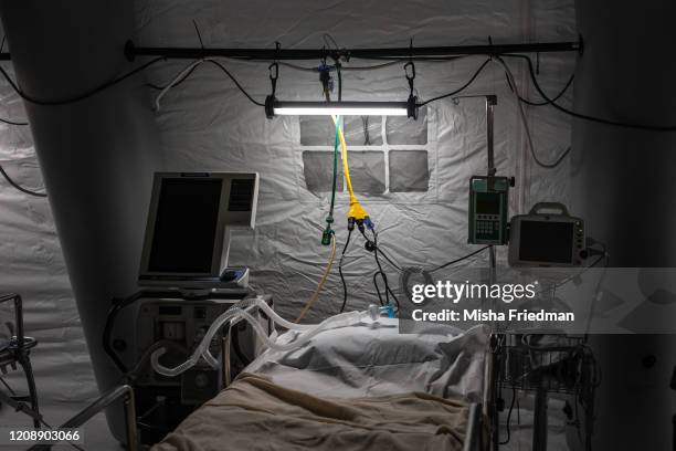 An ICU bed of a makeshift temporary hospital at Central Park East Meadow in New York City, US on March 31, 2020..The Coronavirus pandemic has spread...