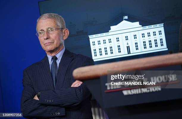 Director of the National Institute of Allergy and Infectious Diseases Anthony Fauci looks on during the daily briefing on the novel coronavirus,...