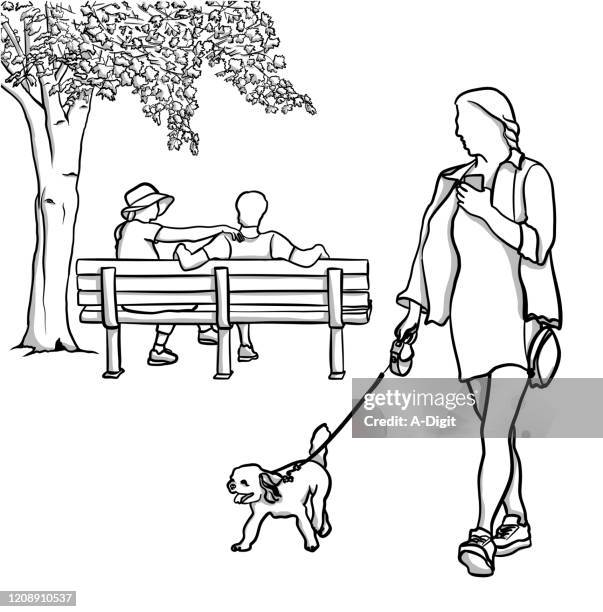mädchen walking her puppy - hundespaziergang stock-grafiken, -clipart, -cartoons und -symbole