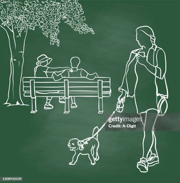 stockillustraties, clipart, cartoons en iconen met meisje dat haar puppy krijtbord loopt - hond uitlaten