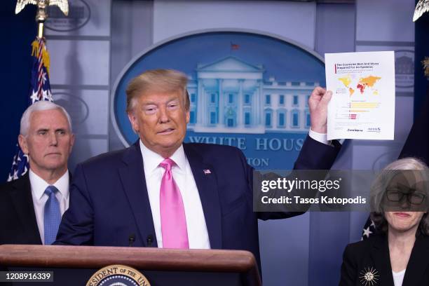 President Donald Trump speaks at the beginning of a new conference with members of the coronavirus task force, including Vice President Mike Pence in...