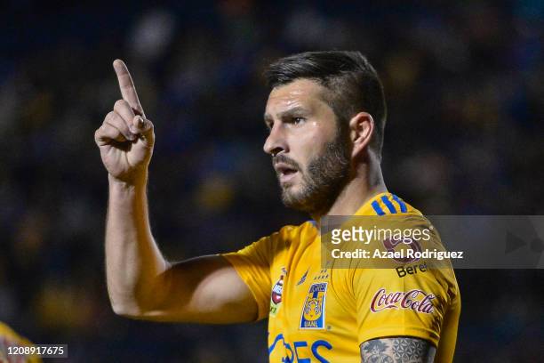 Andre-Pierre Gignac of Tigres celebrates after scoring his team's second goal during the round of 16 match between Tigres UANL and Alianza as part of...