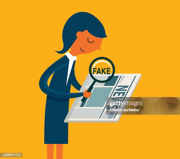 woman looking for fake news in a newspaper - fake news media stock illustrations