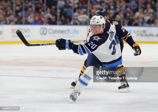 Cody Eakin of the Winnipeg Jets takes a shot on goal during the first period against the Buffalo Sabres at KeyBank Center on February 23, 2020 in...