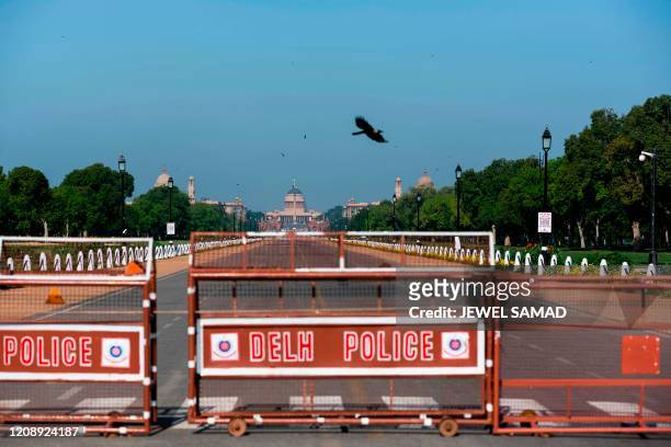Crow flies over a deserted street near the Presidential Palace during a government-imposed nationwide lockdown as a preventive measure against the...