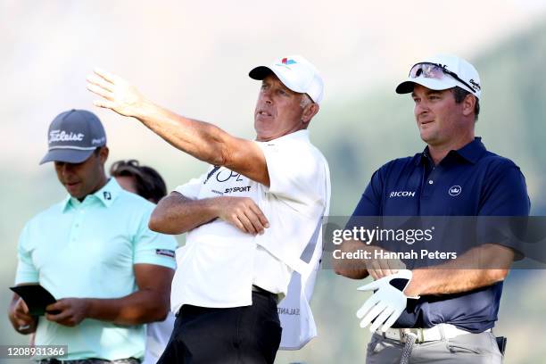 Ryan Fox of New Zealand talks with his caddie Steve Williams during day one of the 2020 New Zealand Golf Open at The Hills on February 27, 2020 in...