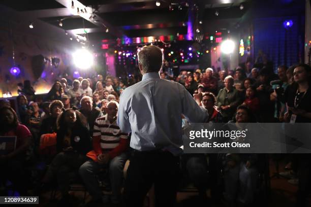 Democratic presidential candidate Tom Steyer speaks to guests during a campaign stop at Nacho Hippo on February 26, 2020 in Myrtle Beach, South...