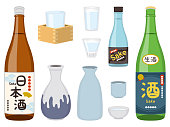 Illustrations related to sake. Alcoholic beverages.