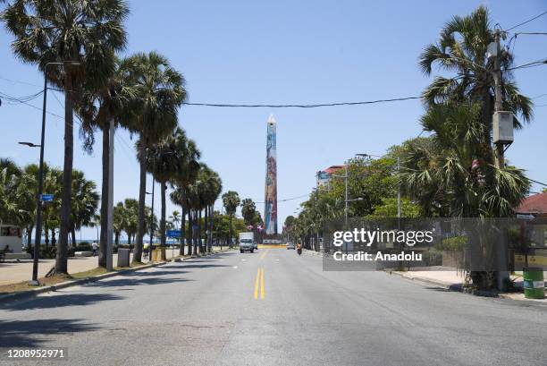 View of nearly empty street near the Obelisk due to preventive measures against the coronavirus pandemic in Santo Domingo, Dominican Republic, on...