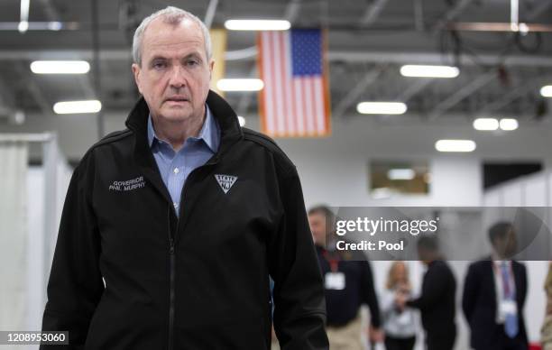 New Jersey Governor Phil Murphy tours an emergency field hospital being prepared at the Meadowlands Expo Center on April 2, 2020 in in Secaucus, New...
