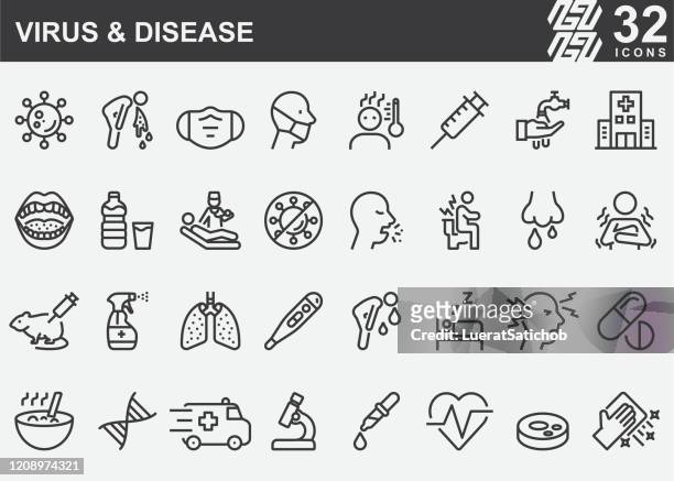 ilustraciones, imágenes clip art, dibujos animados e iconos de stock de iconos de la línea de virus y enfermedades - resfriado y gripe