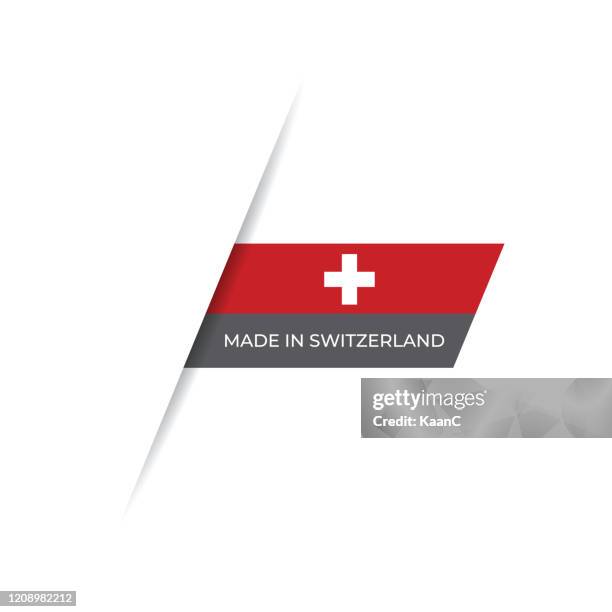 ilustraciones, imágenes clip art, dibujos animados e iconos de stock de hecho en la etiqueta suiza, ilustración de tamaño del emblema del producto - swiss flag