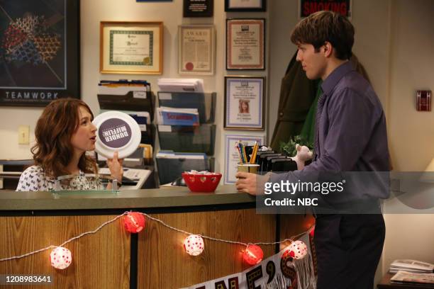 Couples Discount" Episode 916 -- Pictured: Ellie Kemper as Erin Hannon, Jake Lacy as Pete --
