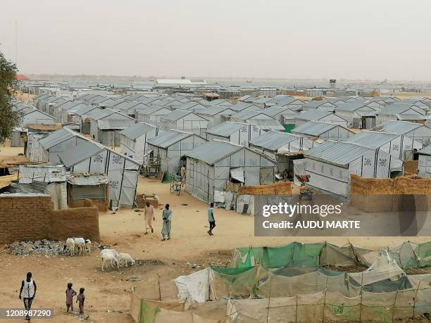General view of the Bakassi Internally Displace People's camp in Maiduguri on March 26, 2020. - The makeshift hygiene facilities are part of urgent...