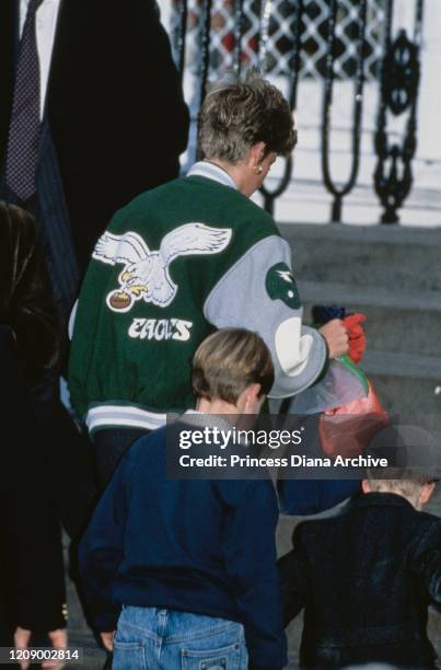 Diana, Princess of Wales wearing a Philadelphia Eagles jacket to drop off her son Prince Harry at Wetherby School in London, January 1991. Prince...