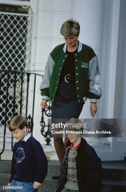 Diana, Princess of Wales wearing a Philadelphia Eagles jacket to drop off her son Prince Harry at Wetherby School in London, January 1991. Prince...