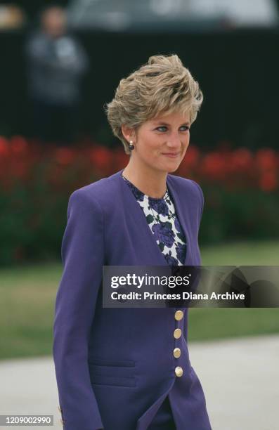 Diana, Princess of Wales at Heathrow Airport in London, en route to Brazil for a tour, April 1991.