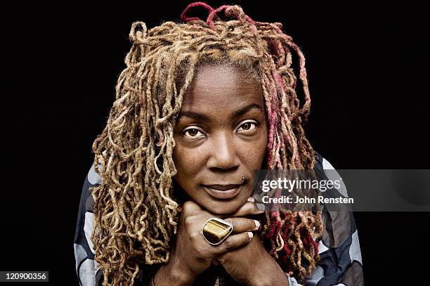 blond dreadlocks studio portrait on black - older woman colored hair stock pictures, royalty-free photos & images