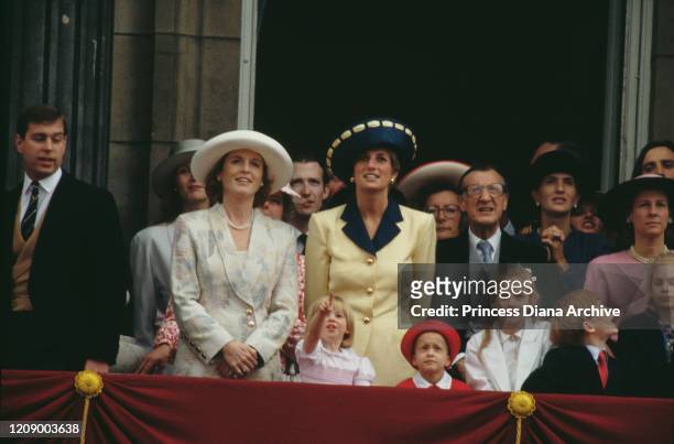 The royal family on the balcony of Buckingham Palace in London for the Trooping the Colour ceremony, June 1991. Among them are Prince Andrew, the...